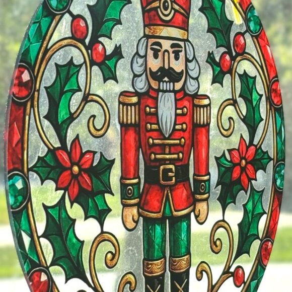 Festive Red Green Nutcracker Holly Berry Christmas Window Hanging Sun Catcher - Picture 4 of 4